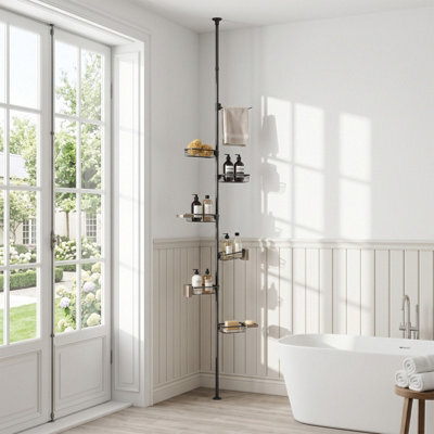 Living And Home Adjustable Corner Shower Caddy Black Carbon Steel Tension Pole Bathroom Storage Organizer Rack - image 1