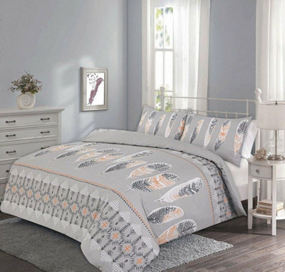Homes & Linen Luxury Polycotton Printed Effect Harley Feathers Duvet Cover Set With Matching Pillowcase Bedding Set