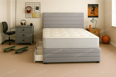 Comfy Deluxe Silver Plush Divan Bed With Headboard And Footboard 5Ft Kingsize Storage 2  Drawers Left Side Laying In Bed