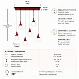 Luminosa Lighting Luminosa Lacrima Cluster Pendant Ceiling Light Burgundy White Glass Shade 6X E27 - thumbnail 4