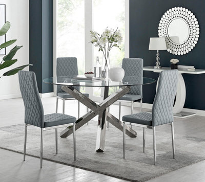 Furniturebox Uk Vogue Large Round Chrome Metal Clear Glass Dining Table And 4 Grey Milan Dining Chairs Set - image 1