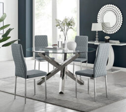 Furniturebox Uk Vogue Large Round Chrome Metal Clear Glass Dining Table And 4 Grey Milan Dining Chairs Set - thumbnail 1