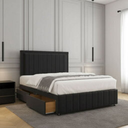 REGIONAL FURNISHINGS Black Plush Velvet Divan Bed Set Upholstered 24Inch Headboard & Footboard & Mattress No Drawers In 3Ft 4Ft 4Ft6 5Ft 6Ft Sizes
