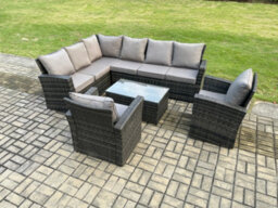 Fimous 8 Seater High Back Outdoor Garden Furniture Set Rattan Corner Sofa Set With 2 Armchairs Dark Grey Mixed - thumbnail 1