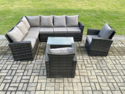 Fimous 8 Seater High Back Outdoor Garden Furniture Set Rattan Corner Sofa Set With 2 Armchairs Dark Grey Mixed - thumbnail 2