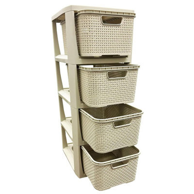 Pluto Packaging 1 X 4 Drawer Cream Stylish Rattan Effect Commode Baskets Home Office Storage Unit - image 1