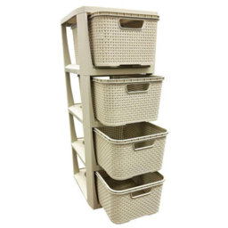 Pluto Packaging 1 X 4 Drawer Cream Stylish Rattan Effect Commode Baskets Home Office Storage Unit