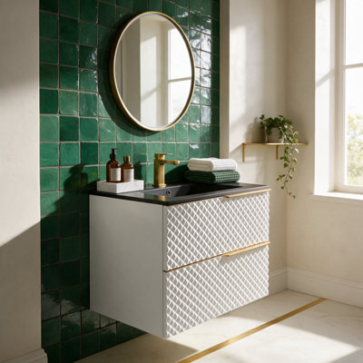 Bathroom City Elvia 600mm White & Gold Vanity Unit With Black Basin - Diamond Front Bathroom Furniture, 2 Soft-Close Drawers - Gold Handle - image 1