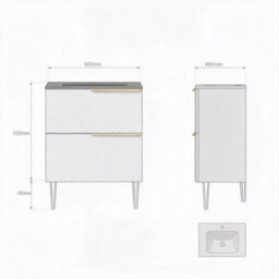 Bathroom City Elvia 600mm White & Gold Vanity Unit With Black Basin - Diamond Front Bathroom Furniture, 2 Soft-Close Drawers - Gold Handle - thumbnail 6