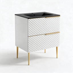 Bathroom City Elvia 600mm White & Gold Vanity Unit With Black Basin - Diamond Front Bathroom Furniture, 2 Soft-Close Drawers - Gold Handle - thumbnail 5