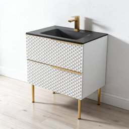 Bathroom City Elvia 600mm White & Gold Vanity Unit With Black Basin - Diamond Front Bathroom Furniture, 2 Soft-Close Drawers - Gold Handle - thumbnail 2