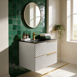 Bathroom City Elvia 600mm White & Gold Vanity Unit With Black Basin - Diamond Front Bathroom Furniture, 2 Soft-Close Drawers - Gold Handle - thumbnail 1