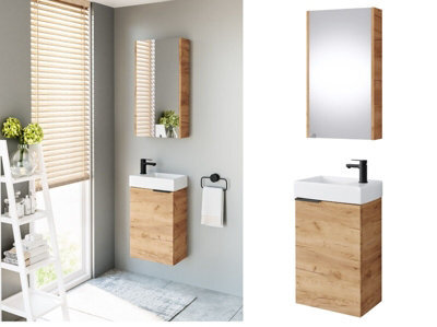 Impact Furniture Wall Hung Bathroom Cabinets Set 400mm Vanity Unit With Basin Wall Mirror Cabinet Oak Effect Small Narrow Furniture Avir - image 1