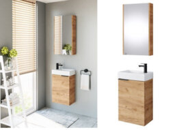 Impact Furniture Wall Hung Bathroom Cabinets Set 400mm Vanity Unit With Basin Wall Mirror Cabinet Oak Effect Small Narrow Furniture Avir - thumbnail 1