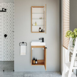 Impact Furniture Wall Hung Bathroom Cabinets Set 400mm Vanity Unit With Basin Wall Mirror Cabinet Oak Effect Small Narrow Furniture Avir - thumbnail 7