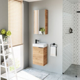 Impact Furniture Wall Hung Bathroom Cabinets Set 400mm Vanity Unit With Basin Wall Mirror Cabinet Oak Effect Small Narrow Furniture Avir - thumbnail 9