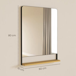 Homcom Decorative Mirror With Wood Shelf, Industrial Wall Mirror, Black - thumbnail 3