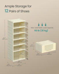 LEDREM Shoe Cabinet, Slim Foldable Shoe Rack Organiser, Clear Door, For 12 Pairs, For Boots, Trainers, Hallway, 6 Tiers, Cream White - thumbnail 2