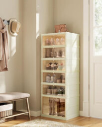 LEDREM Shoe Cabinet, Slim Foldable Shoe Rack Organiser, Clear Door, For 12 Pairs, For Boots, Trainers, Hallway, 6 Tiers, Cream White - thumbnail 3