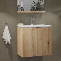 Impact Furniture Bathroom Vanity Unit With Sink 600mm Wall Cabinet And Basin Floating 2 Door Storage Oak Effect Nova - thumbnail 2