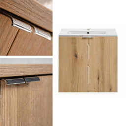Impact Furniture Bathroom Vanity Unit With Sink 600mm Wall Cabinet And Basin Floating 2 Door Storage Oak Effect Nova - thumbnail 1