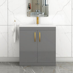 Royal Bathrooms Turin Indigo Grey Gloss 800mm Floor Standing Vanity Unit 2 Door With Mid-Edge Basin Sink & Brushed Brass Handles