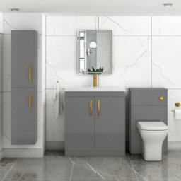 Royal Bathrooms Turin Indigo Grey Gloss 800mm Floor Standing Vanity Unit 2 Door With Mid-Edge Basin Sink & Brushed Brass Handles - thumbnail 2