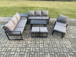 Fimous Aluminium 8 Pieces Garden Furniture Set With Cushions Outdoor Patio Sofa Set With Armchair 3 Footstools Side Table - thumbnail 2