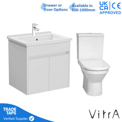 Vitra 600mm Wall Hung Bathroom Vanity Unit With 2 Doors Includes Basin, Chrome Tap And Close Coupled Toilet Set - White Gloss - image 1