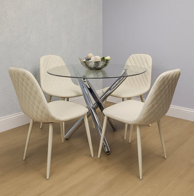 Kosy Koala Modern Round Clear Glass Dining Table Set With 4 Cream Chairs Dining Room Furniture - image 1