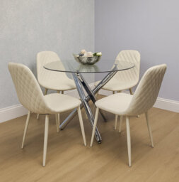 Kosy Koala Modern Round Clear Glass Dining Table Set With 4 Cream Chairs Dining Room Furniture