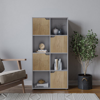 Urbn-Living Urbnliving 119Cm Height Grey 8 Cube Bookcase Shelving Display Shelf Storage Unit Oak Wooden Door - image 1