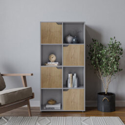 Urbn-Living Urbnliving 119Cm Height Grey 8 Cube Bookcase Shelving Display Shelf Storage Unit Oak Wooden Door - thumbnail 1