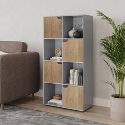 Urbn-Living Urbnliving 119Cm Height Grey 8 Cube Bookcase Shelving Display Shelf Storage Unit Oak Wooden Door - thumbnail 2