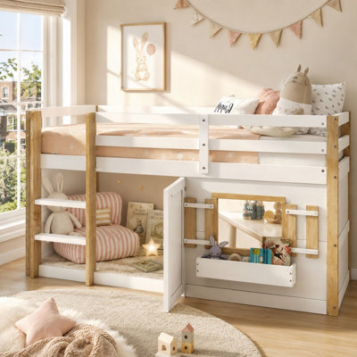 Merax 3Ft Children's Bunk Bed 90X190 Cm, Wooden Loft Bed With Ladder, Multifunctional Play Area With Doors And Windows, White - image 1
