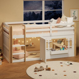 Merax 3Ft Children's Bunk Bed 90X190 Cm, Wooden Loft Bed With Ladder, Multifunctional Play Area With Doors And Windows, White - thumbnail 3
