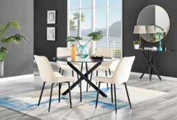 Furniturebox Uk Novara Black Leg 120Cm Round Glass Dining Table & 4 Cream Pesaro Black Leg Chairs
