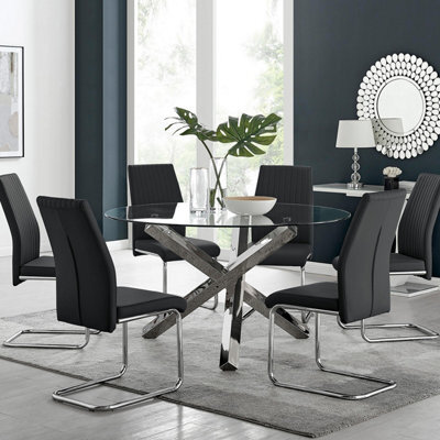 Furniturebox Uk Vogue Large Round Chrome Metal Clear Glass Dining Table And 6 Black Lorenzo Dining Chairs Set - image 1