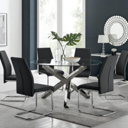 Furniturebox Uk Vogue Large Round Chrome Metal Clear Glass Dining Table And 6 Black Lorenzo Dining Chairs Set - thumbnail 1