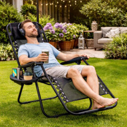 iKaku Zero Gravity Garden Reclining Chair With Cup Holder Folding Outdoor Lounger Adjustable Headrest Textoline Patio Camping Chair - thumbnail 2