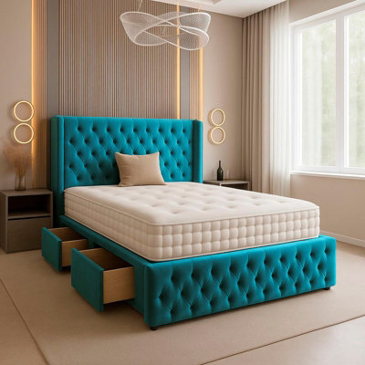 Adore Designs Chesterfield Plush Velvet Divan Bed, Winged Headboard, Mattress & Footboard - 6Ft Super King - Mallard - 0 Drawers - image 1