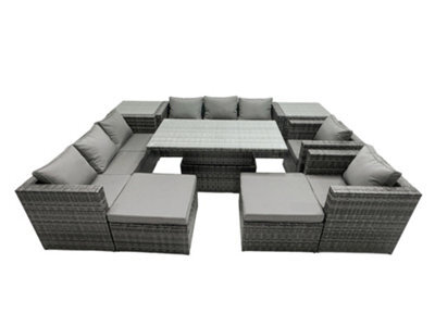 Fimous Rattan Dining Table Sofa Set With 2 Side Tables 2 Armchair 2 Stools Outdoor 10 Seat Garden Furniture Set Dark Grey Mixed - image 1