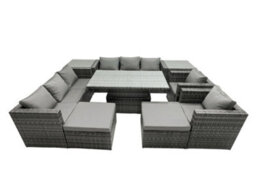 Fimous Rattan Dining Table Sofa Set With 2 Side Tables 2 Armchair 2 Stools Outdoor 10 Seat Garden Furniture Set Dark Grey Mixed - thumbnail 1