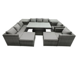 Fimous Rattan Dining Table Sofa Set With 2 Side Tables 2 Armchair 2 Stools Outdoor 10 Seat Garden Furniture Set Dark Grey Mixed - thumbnail 2