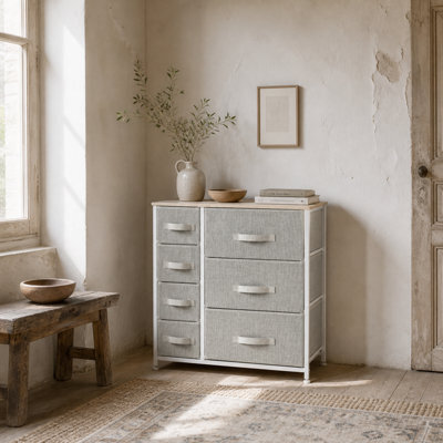 Wyld Haus Lireta 7-Drawer Fabric Storage Chest With Natural Wood Top - White, Oak & Light Grey - Freestanding 63.5W X 30D X 71H Cm - image 1