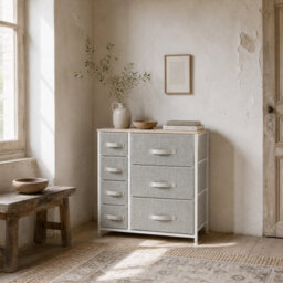 Wyld Haus Lireta 7-Drawer Fabric Storage Chest With Natural Wood Top - White, Oak & Light Grey - Freestanding 63.5W X 30D X 71H Cm