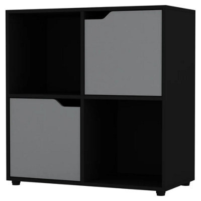 Urbn-Living Urbnliving 4 Cube Black Wooden Bookcase Shelving Display Shelves Storage Unit Wood Shelf Grey Door - image 1