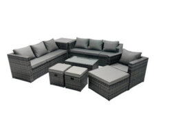 Fimous Rattan Garden Furniture Dining Set 10-Seater Patio Coffee Table Sofa Set With 3 Stools Side Table Dark Grey Mixed - thumbnail 1