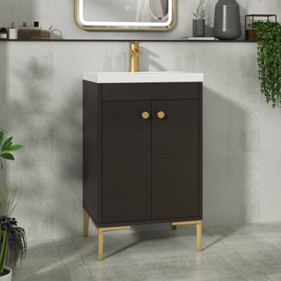 Royal Bathrooms Verona 500mm Walnut Woodgrain Floor Standing Bathroom Vanity Unit 2 Door With Mid-Edge Basin & Brushed Brass Knob - image 1