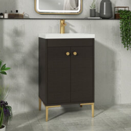 Royal Bathrooms Verona 500mm Walnut Woodgrain Floor Standing Bathroom Vanity Unit 2 Door With Mid-Edge Basin & Brushed Brass Knob